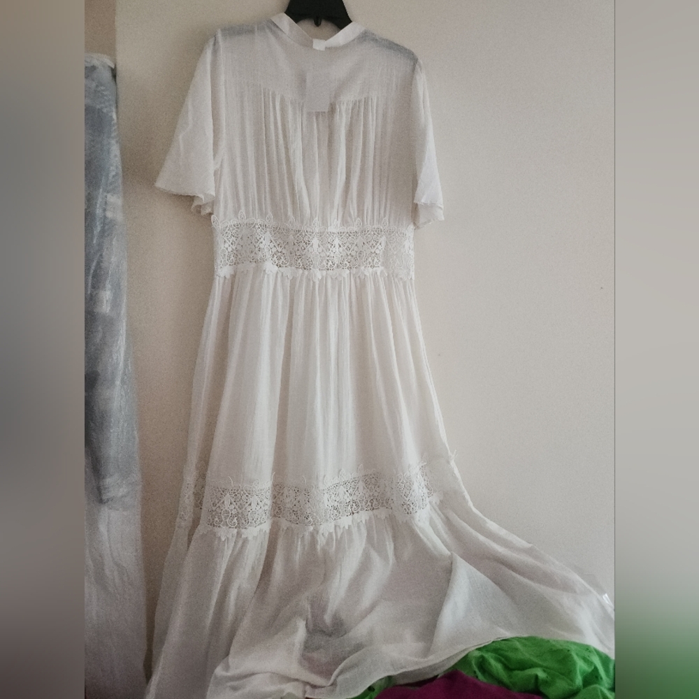 H&M Lace-inset Cotton Maxi Dress Tiered Woven Unlined/See Through White  NWT - Picture 4 of 15